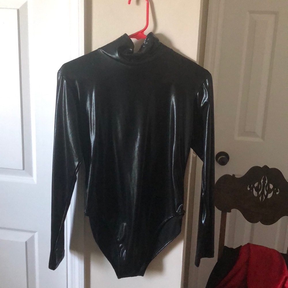 faux black leather leotard